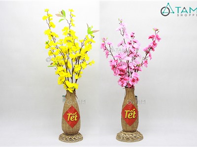 Lọ hoa mai đào handmade bằng tre có đế T-HOA-15